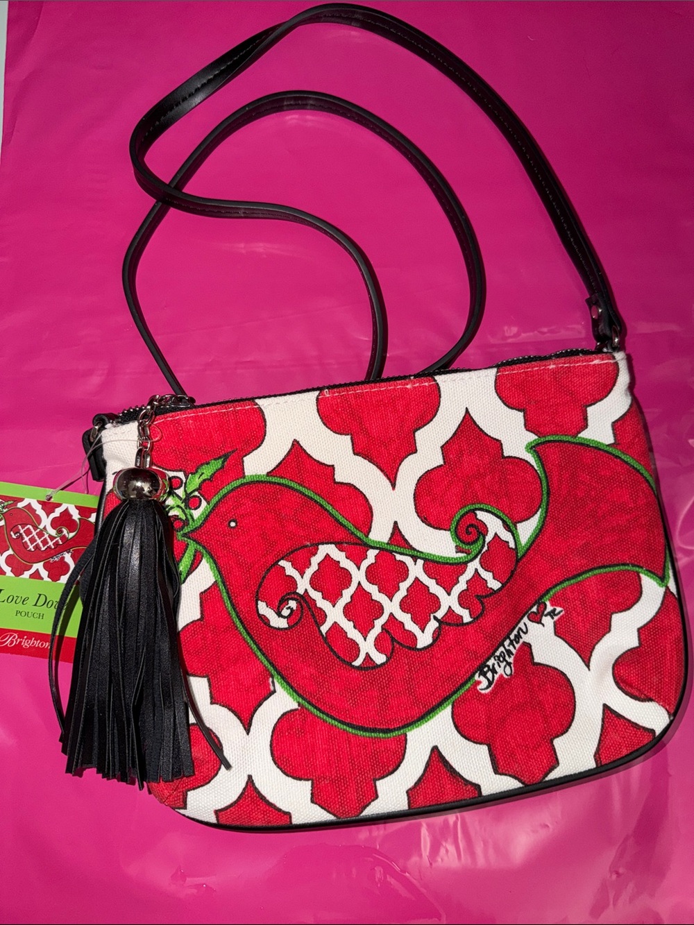 Brighton Red White Green Paisley Crossbody Bag with Black Tassel